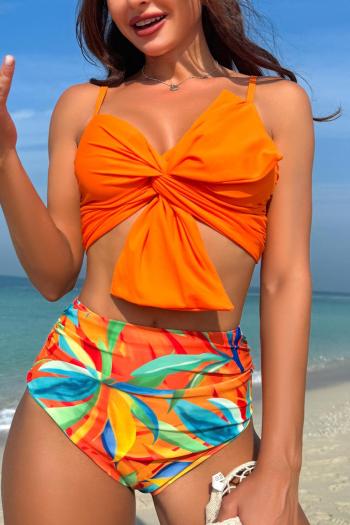 sexy orange leaf printing padded bow high waist sling tankini set
