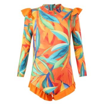 girl teen cute orange leaf print unpadded long sleeve ruffle one-piece swimsuit
