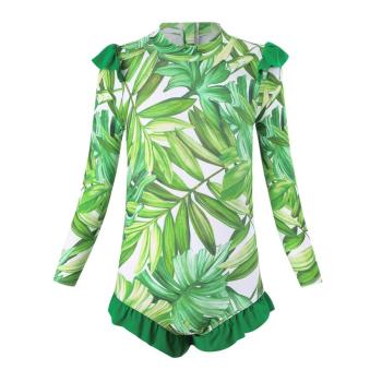 girl teen cute leaf printing unpadded long sleeve ruffle one-piece swimsuit
