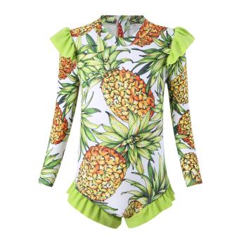 girl teen cute pineapple printing unpadded long sleeve ruffle one-piece swimsuit