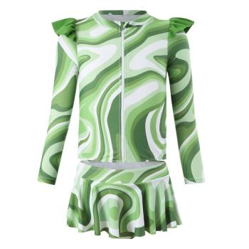 girl teen stylish swirl graphic printing unpadded long sleeve two-piece swimsuit