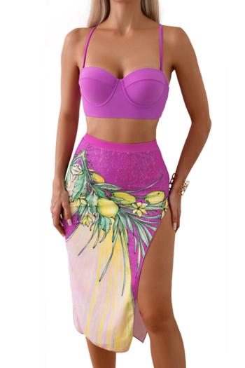 sexy padded underwire floral printing skirt three-piece swimsuit