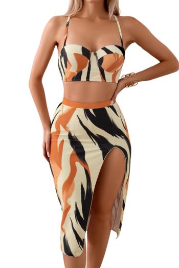 sexy graphic printing padded underwire slit skirt three-piece swimsuit