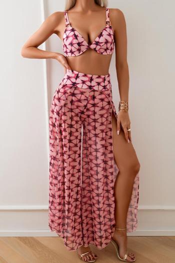 sexy pink digital print padded underwire mesh beach pants three-piece swimsuit