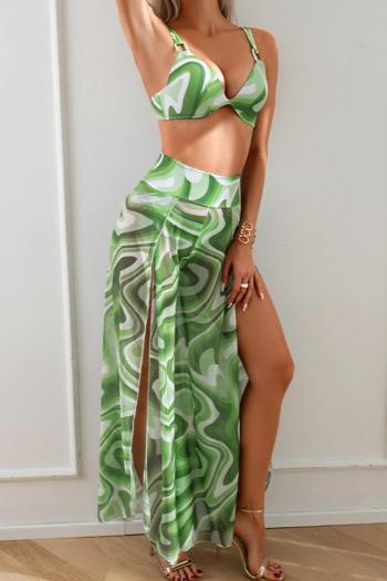 sexy green graphic print padded underwire mesh beach pants three-piece swimsuit