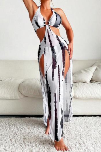 sexy batch printing padded mesh ring linked cover-up three-piece swimsuit
