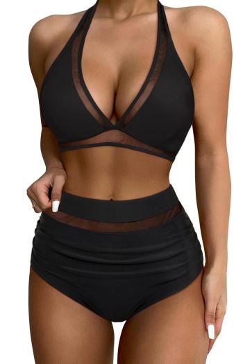 sexy plus size mesh stitching padded halter-neck lace-up high waist tankini set