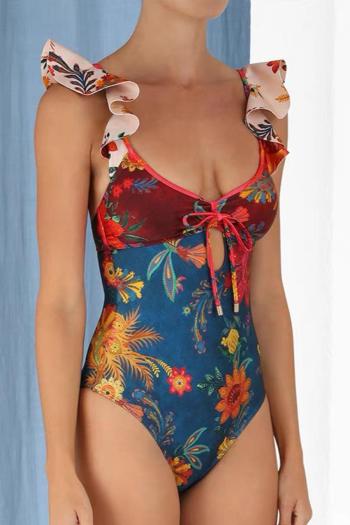 sexy flower printing padded ruffle hollow lace-up one-piece swimsuit