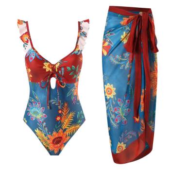 sexy flower print padded hollow one-piece swimwear & skirt(skirt only one size)