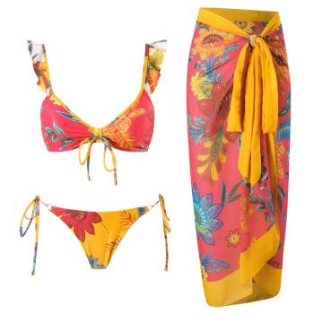 sexy floral printing padded ruffle three-piece swimsuit(skirt only one size)