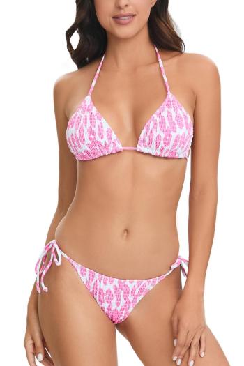 sexy graphic print smocked padded halter-neck self-tie triangle bikini set
