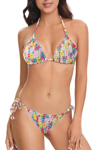 sexy floral print padded halter-neck triangle smocked bikini set
