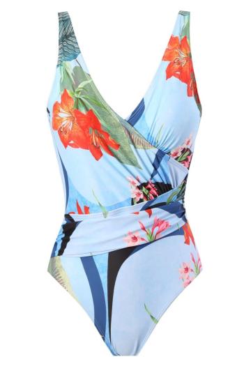 sexy plus size flower printing padded v-neck backless one-piece swimwear