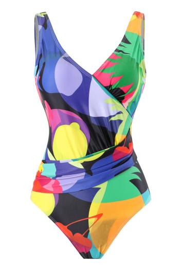 sexy plus size multicolor printing padded v-neck backless one-piece swimwear