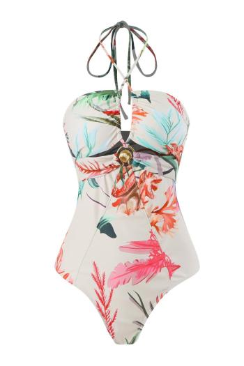 sexy graphic printing padded halter-neck lace-up hollow one-piece swimsuit
