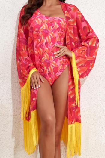 sexy leaf printing padded one-piece swimsuit with long sleeve tassel kimono