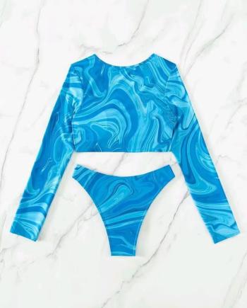 Sexy batch printing 3 colors padded long sleeve lace-up tankini set