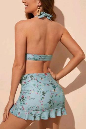 Sexy floral printing 3 colors padded halter-neck lace-up three-piece swimsuit