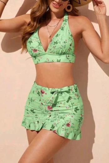 Sexy floral printing 3 colors padded halter-neck lace-up three-piece swimsuit