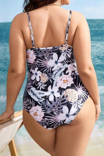 Sexy plus size floral and pineapple printing padded ruffle one-piece swimsuit