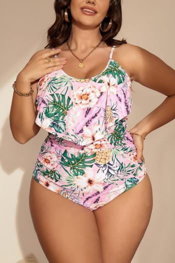 Sexy plus size floral and pineapple printing padded ruffle one-piece swimsuit