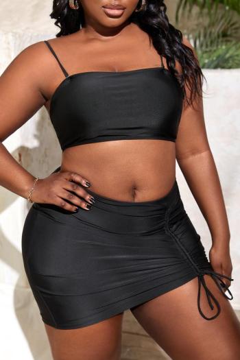 Sexy plus size pure color padded drawstring skirt three-piece swimsuit
