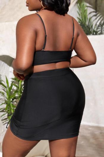 Sexy plus size pure color padded drawstring skirt three-piece swimsuit