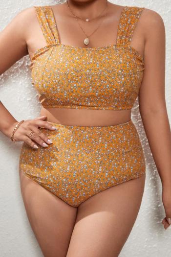 Sexy plus size orange floral printing padded high waist tankini set