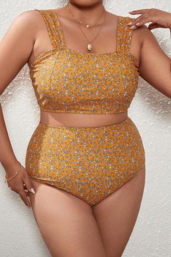 Sexy plus size orange floral printing padded high waist tankini set