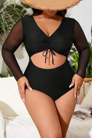 Sexy plus size mesh stitching padded long sleeve drawstring one-piece swimsuit