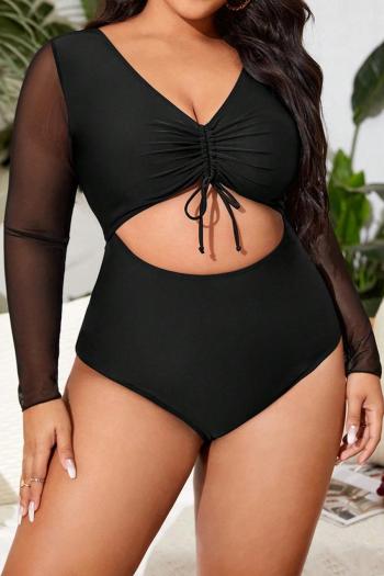 Sexy plus size mesh stitching padded long sleeve drawstring one-piece swimsuit