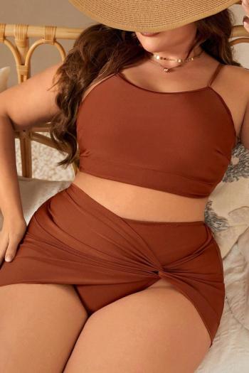 Sexy plus size pure color padded kinked skirt three-piece swimsuit