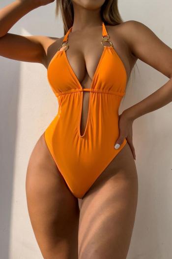 sexy orange padded halter-neck lace-up one-piece swimsuit