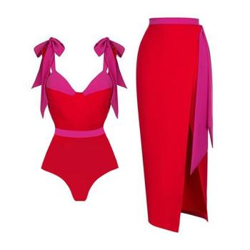sexy contrast color padded underwire bow one-piece swimwear & skirt (skirt only one size)