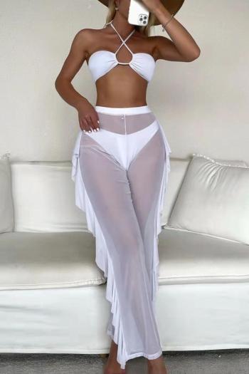 sexy solid color padded halter-neck mesh ruffle beach pants three-piece swimsuit