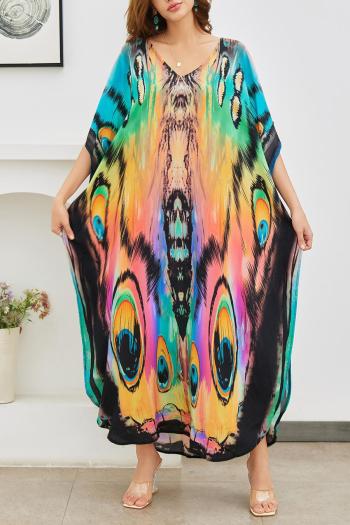 stylish graphic printing v-neck loose beach robe cover-up#2#