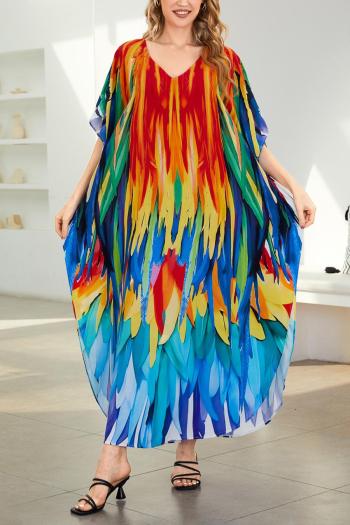 stylish graphic printing v-neck loose beach robe cover-up#3#