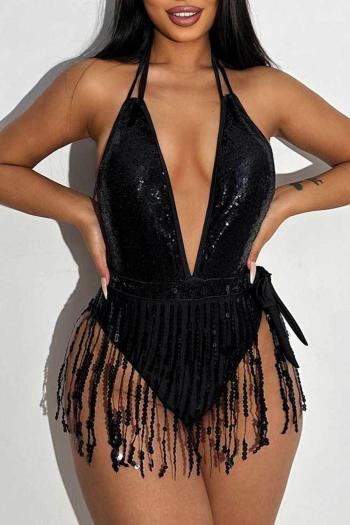 sexy deep v sequins tassel backless padded one-piece swimsuit