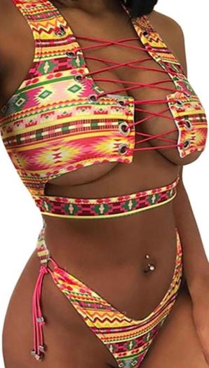 sexy multicolor print lace-up padded bikini set