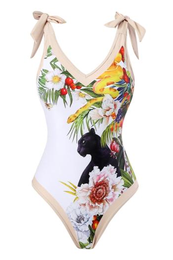 sexy flower fixed printing padded tie-shoulder backless one-piece swimsuit
