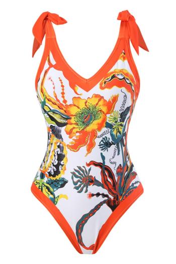 sexy orange flower fixed print padded tie-shoulder backless one-piece swimsuit