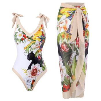 sexy printed padded tie-shoulder one-piece swimsuit & skirt(skirt only one size)