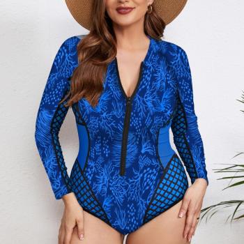 sexy plus size zip-up long sleeve padded printing one-piece swimsuit
