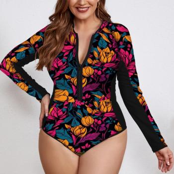 sexy plus size zip-up long sleeve padded printing one-piece swimsuit#1
