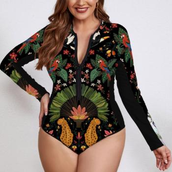 sexy plus size zip-up long sleeve padded printing one-piece swimsuit#2
