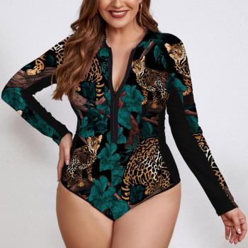 sexy plus size zip-up long sleeve padded printing one-piece swimsuit#4