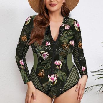 sexy plus size zip-up long sleeve padded printing one-piece swimsuit#5