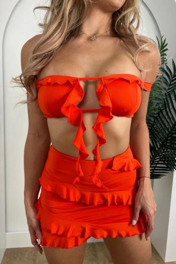 sexy orange hollow padded bikini three piece set