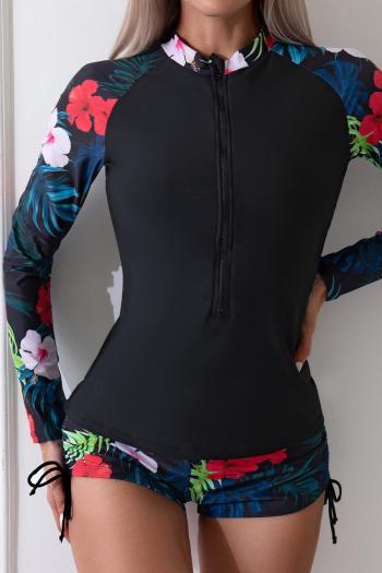 stylish plus size floral print padded long sleeve surfing two-piece swimsuit#1#