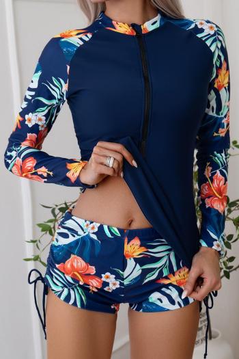 stylish plus size floral print padded long sleeve surfing two-piece swimsuit#2#